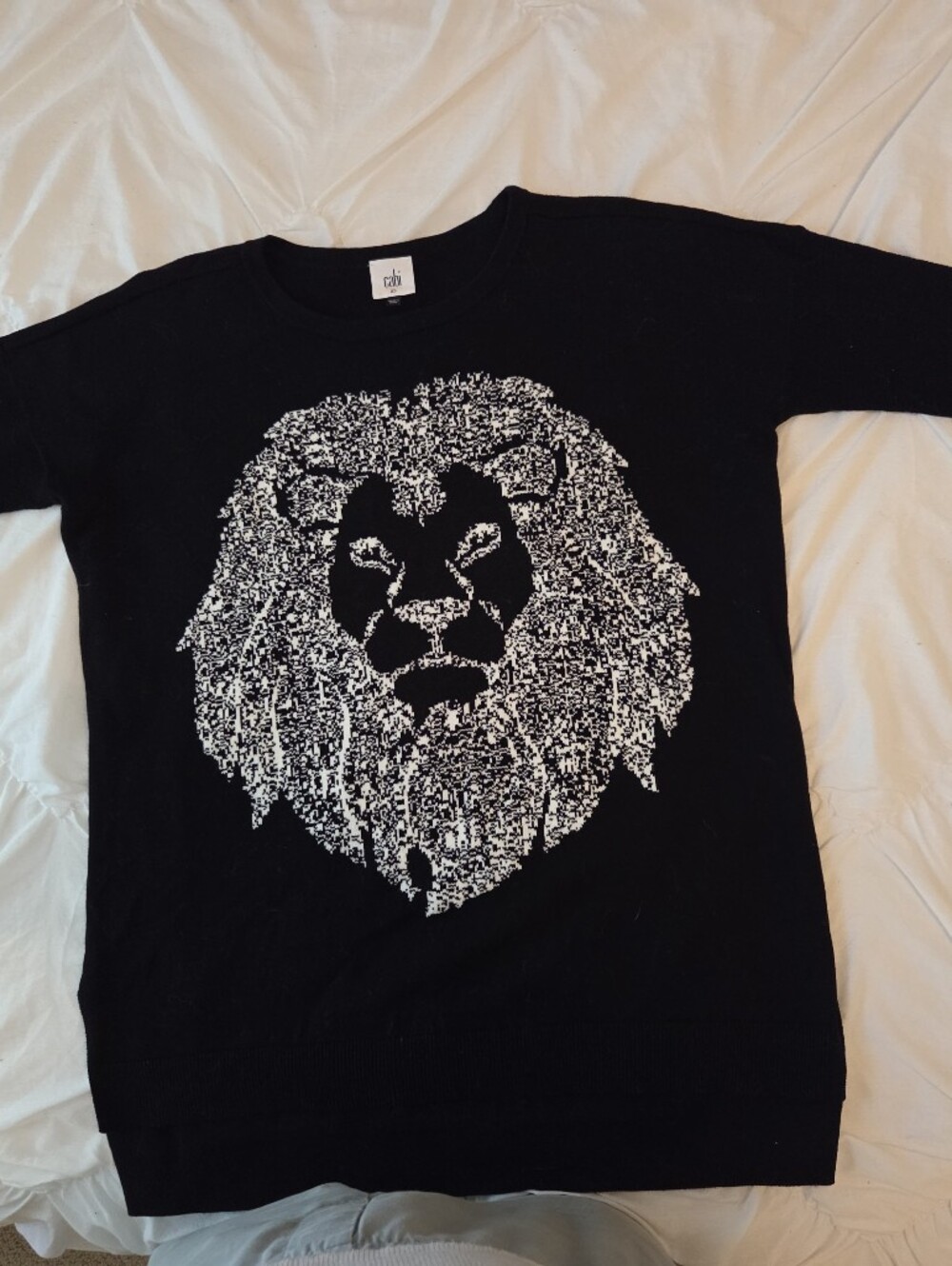 CAbi Black Crewneck Sweater with White Lion Graphic
